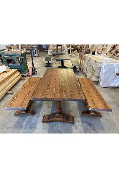 EMEL AHŞAP Masif Doğal Ahşap Aslan Ayaklı Kütük Masa (190X90) Ve Bench (2 ADE...