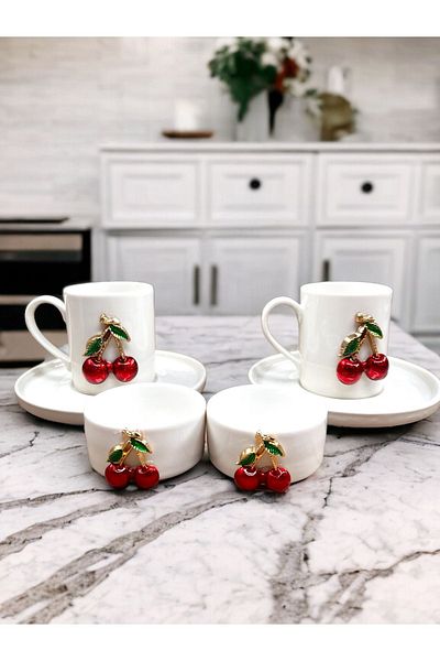 YzHome 2-Person Porcelain Cherry Cup Set and 2 Pieces of Porcelain White Cherry Sauce Bowl