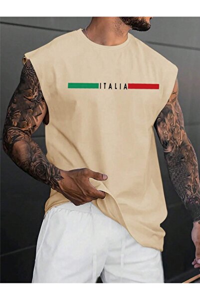 Fun Fashion Tricou oversize fără mâneci cu imprimeu Italia pentru bărbați
