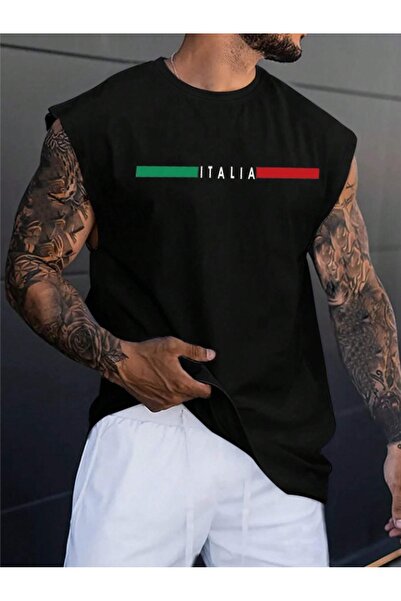 Fun Fashion Tricou oversize fără mâneci cu imprimeu Italia pentru bărbați
