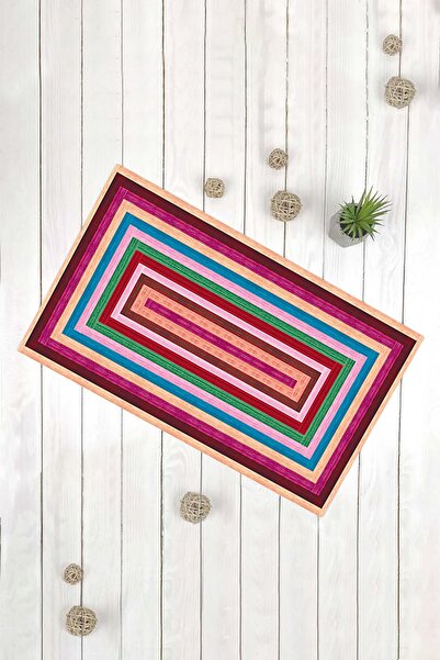 Evsebu Rengarenk Içiçe Kare Kaymaz Tabanlı Dekoratif Kilim