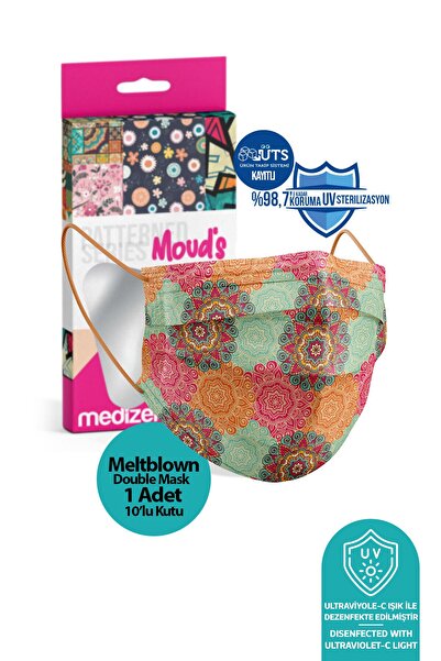 Medizer 10'lu 1 Kutu Mandala Desenli Meltblown Ultrasonik 3 Katlı Cerrahi Mas...