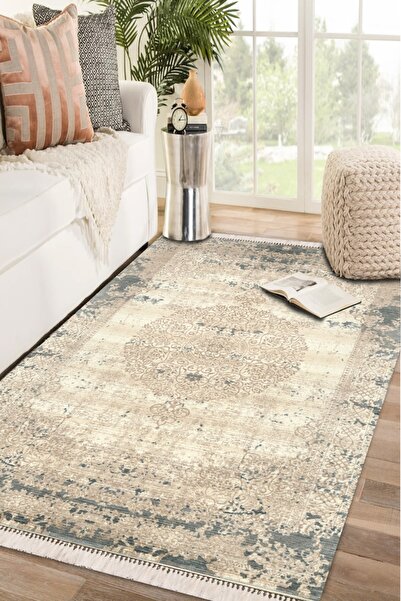 Modern home Klasik Eskitme Detaylı Püsküllü Dijital Baskı Kaymaz Taban Makina...