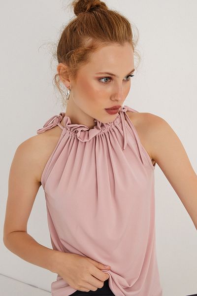 Cool & Sexy Women's Powder Collar Ruffled Sleeveless Blouse BTH01