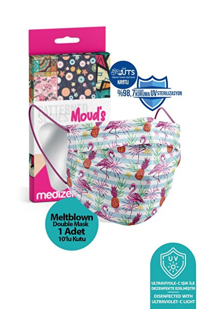 Medizer Tropikal Flamingo Desenli Meltblown Ultrasonik 3 Katlı Cerrahi Maske - Telli 10'lu 1 Kutu
