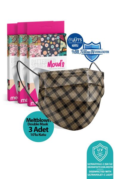 Medizer Siyah-Kahverengi Ekose Desen Meltblown Ultrasonik 3 Katlı Maske Telli...