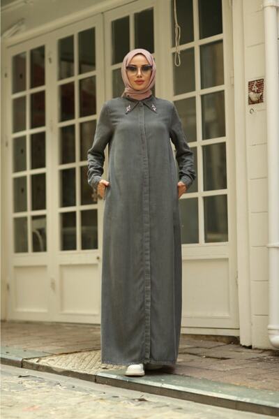 Neways 6557-فستان دينم بياقة مدببة باللون الرمادي