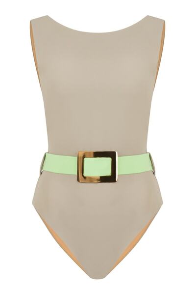 AQUELLA Halter Yaka Gold Toka Detaylı Buz Gri Mayo