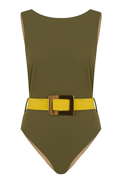 AQUELLA Μαγιό χακί με λεπτομέρεια χρυσής πόρπης με λαιμόκοψη