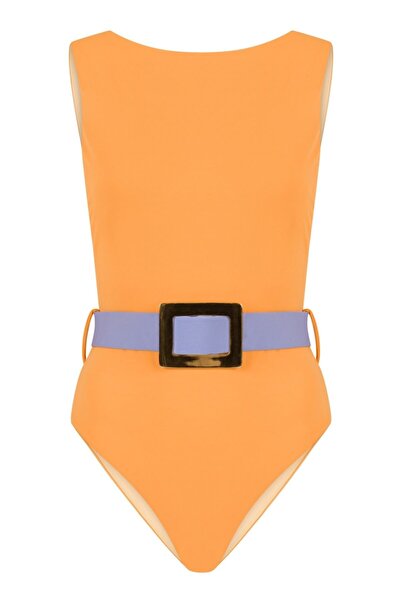 AQUELLA Halter Yaka Gold Toka Detaylı Kayısı Mayo