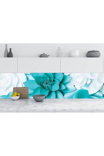StickerArt Mutfak Tezgah Arası Folyo Fayans Kaplama Folyosu Turkuaz Çiçek