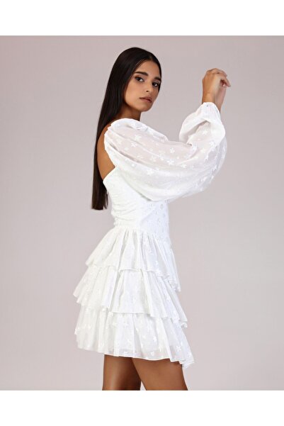 TARA COŞKUNTUNCEL Beyaz Yıldızlı Balon Kol Mini Elbise