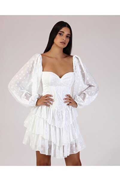 TARA COŞKUNTUNCEL Beyaz Yıldızlı Balon Kol Mini Elbise