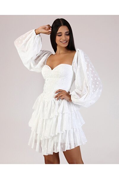 TARA COŞKUNTUNCEL Beyaz Yıldızlı Balon Kol Mini Elbise