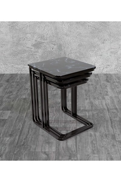 Veys Sehpa 3 Lü Statik Vegas Zigon Sehpa - Siyah Mermer - Tekerleksiz