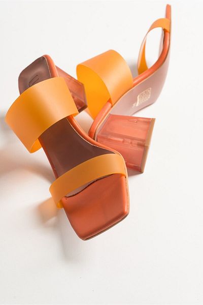 LuviShoes 123 Pomarańczowe skórzane przezroczyste damskie kapcie na obcasie