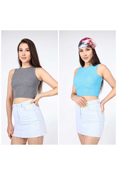 AFŞAR MODA Women's Gray Blue Strappy 2-Pack Crop Knitted Blouse