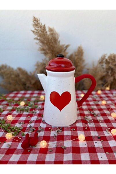 Handmadesign Kapaklı El Yapımı Seramik Sürahi Kalpli Kırmızı