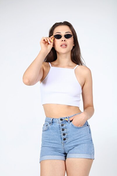 AFŞAR MODA Women's White Basic Rope Strap Crop Top