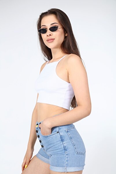 AFŞAR MODA Women's White Basic Rope Strap Crop Top