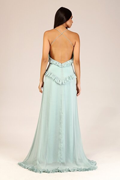 TARA COŞKUNTUNCEL Mint Sırtı Açık Fırfırlı Elbise