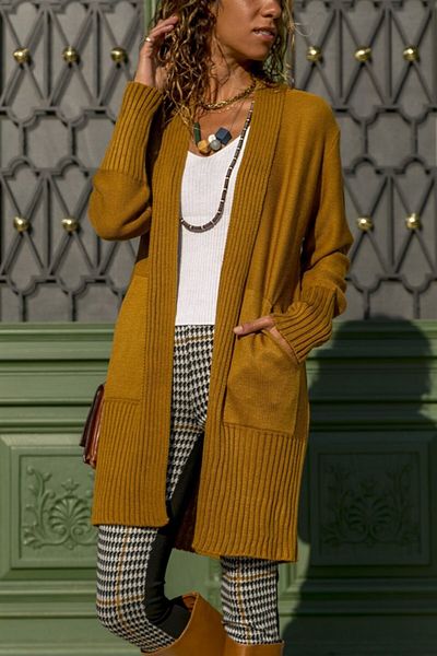 AQE FASHION Open Front Mustard Cardigan with Stripe Band