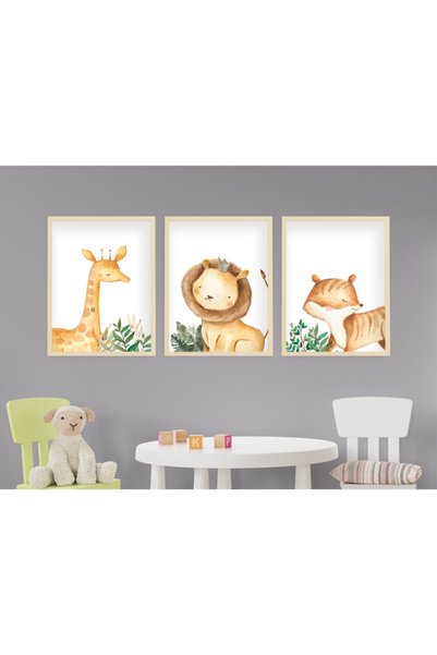 Ya&mu Tablosetleri 3 Adet 33 X 44cm Büyük Boy Ahşap Çerçeveli Bebek, Çocuk Od...
