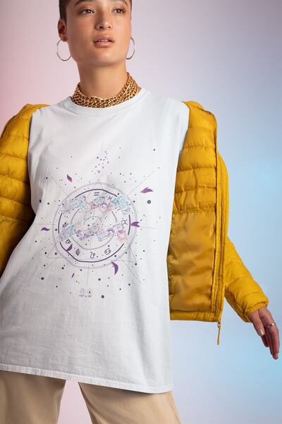 ErTaPassage Alb supradimensionat tricou - Semnul zodiacal Aquarius cu imprime...