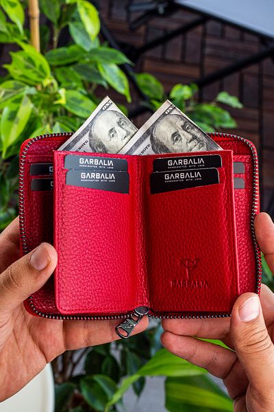 Garbalia Chain Unisex Red Leather Card Holder Wallet