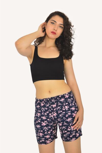 MAYSSTORE شورت أسود منقوش بالزهور الوردية