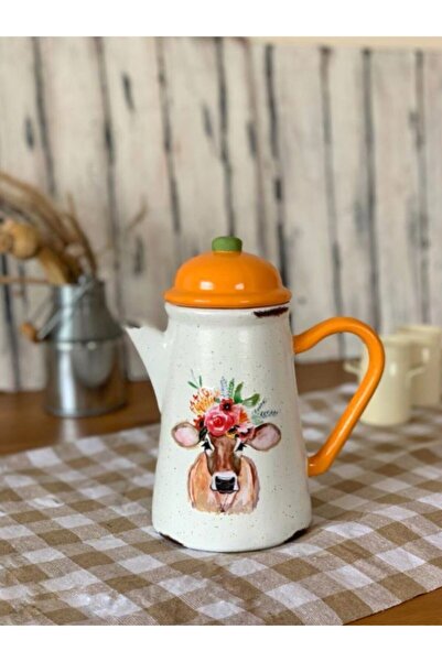 Handmadesign Kapaklı El Yapımı Seramik Sürahi Turuncu Inekli Çiçekli renkli