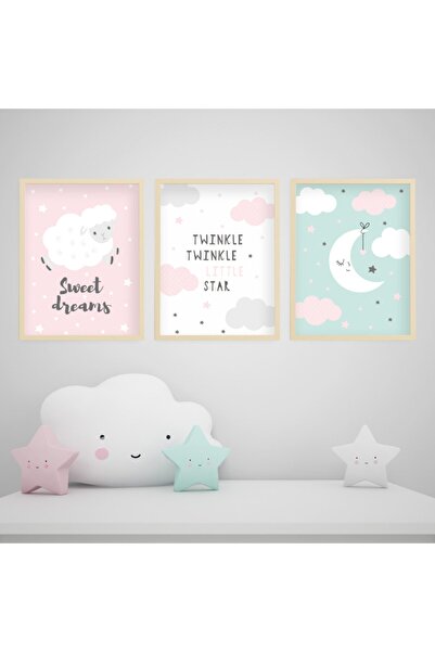 Ya&mu 3 Adet 33 X 44cm Büyük Boy Ahşap Çerçeveli Bebek, Çocuk Odası Tablo Seti