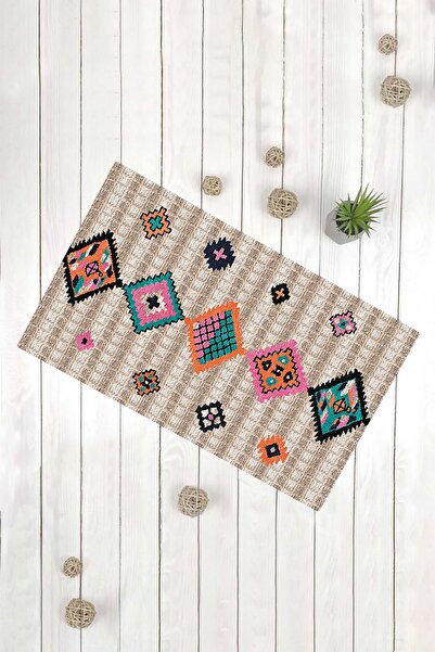 Evsebu Mini Kare Zemin Kilim Desen Kaydırmaz Tabanlı Dekoratif Halı