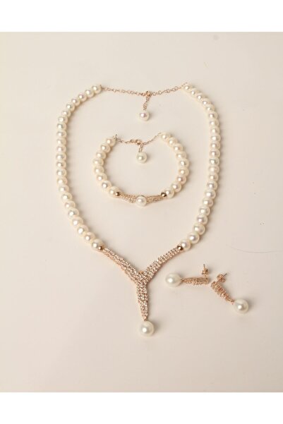 Pearls in Ocean Gold Gerçek Inci Kolye Bileklik Küpe Set Classic Serisi 152