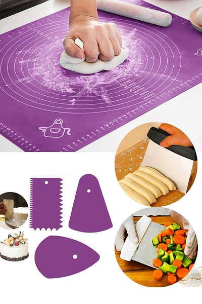 Sekiz8 Silicone Dough Rolling Mat & Dough Spatula & 3-Piece Cutting Scraping Decoration Set