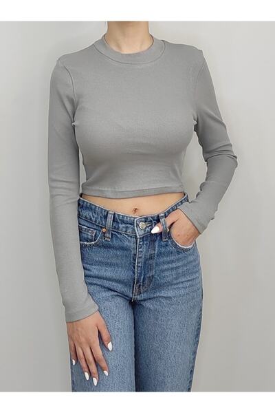 Bomenti Life Women's Gray Corded Stand Collar Long Sleeve Crop T-Shirt