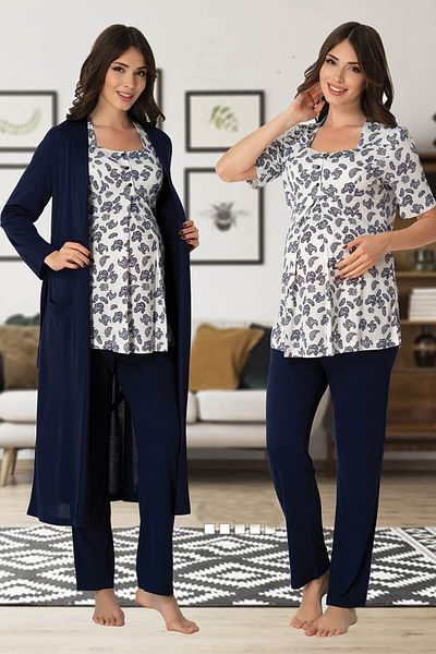 BLACKMORE Women's Navy Blue Patterned Maternity Maternity Dressing Gown 3-Piece Pajamas Set