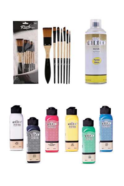 GLANCE Artdeco 6x140 Ml Akrilik Boya + Rich 7'li Karma Fırça Seti + Artdeco 400 Ml Parlak Sprey