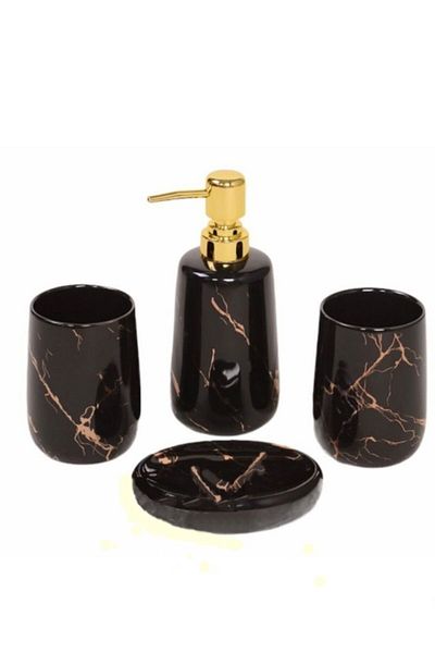 Ün-Ev 4-Piece Ceramic Bathroom Set Gold Gilded Marble Pattern 5014