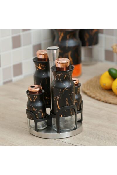 Genel Markalar 4'lü Marmo Siyah Mermer Desen Yağlık Sirkelik Cam Set Standlı