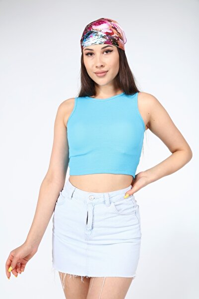 AFŞAR MODA Women's Turquoise Basic Strappy Crop Top
