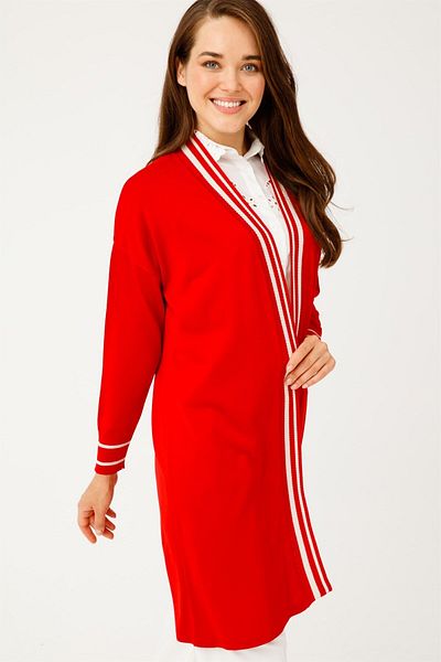 Tığ Triko Women's Red Stripe Detailed Knitwear Cardigan 20830