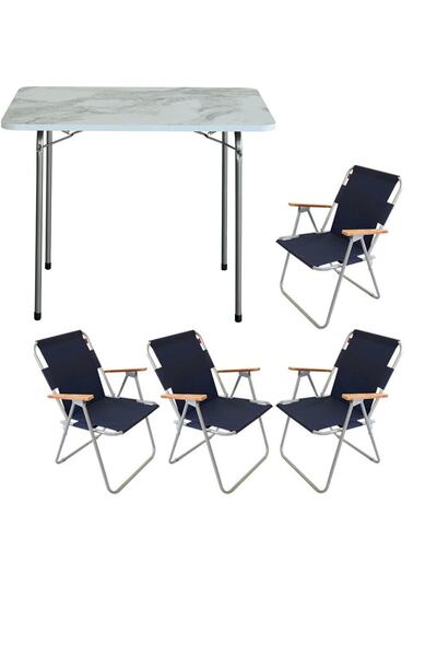Bofigo 60x80 Çam Katlanır Masa + 4 Adet Katlanır Sandalye Kamp Seti Bahçe Balkon Takımı Lacivert