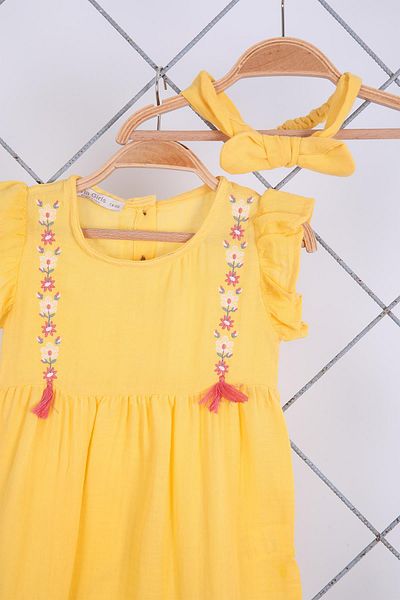 Babyhola 100% Cotton Embroidered Muslin Jumpsuit and Headband for Baby Girl Set of 2 - Yellow 5102