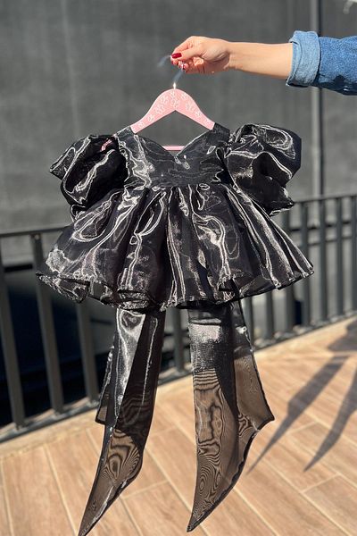 Bertuğ Bebek Rochie de bal pentru copii mici pentru fete stralucitoare - Rochie neagra din organza cu decolteu inima si