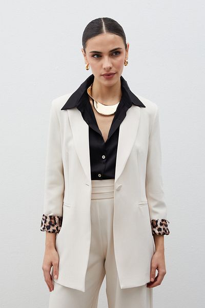 Sateen Jachetă clasică cu guler mono cu model leopard - căptușită cu piatră