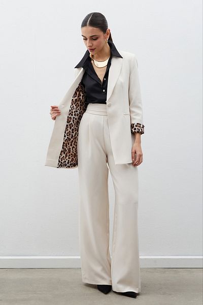 Sateen Jachetă clasică cu guler mono cu model leopard - căptușită cu piatră