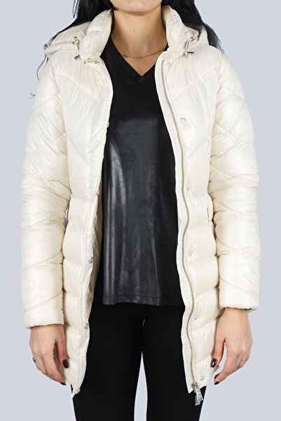 Liu Jo Kadın Kapşonlu Yaka Marka Detaylı Fermuarlı Şişme Ekru Mont MF3065TS045-20304