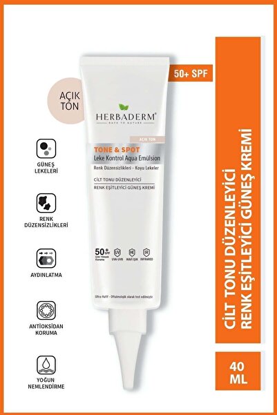 Herbaderm Leke Karşıtı Ve Cilt Tonu Eşitleyici Güneş Koruyucu Krem Spf 50 Renkli Açık Ton 40 ml