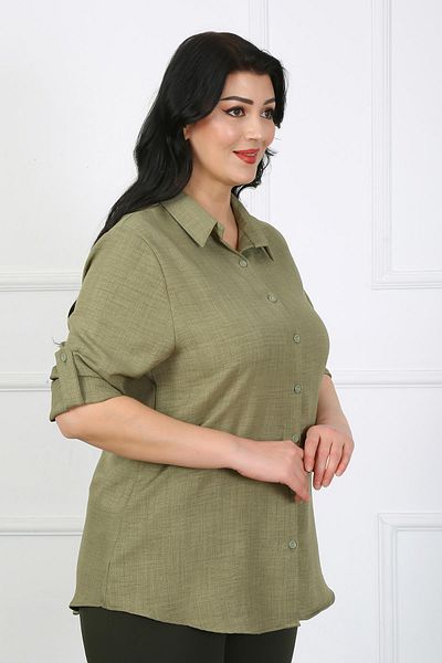 By Alba Collection Women's Khaki Soft Linen Large Size Shirt with Flap Pockets